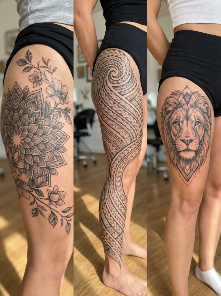 ai-photo-studio-1765997894335-1 Three thigh tattoos featuring floral, tribal-inspired, and lion designs on women, showcasing intricate artistry and diverse styles. | Sky Rye Design Three thigh tattoos featuring floral, tribal-inspired, and lion designs on women, showcasing intricate artistry and diverse styles.