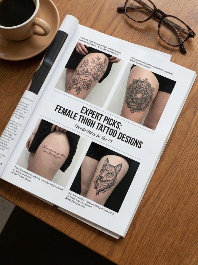 Open magazine showing female thigh tattoo designs including floral, mandala, quote, and wolf motifs. Glasses and coffee cup on table.