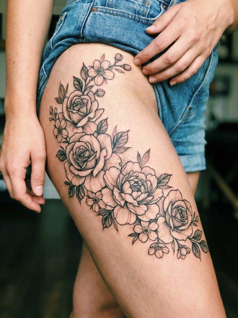 ai-photo-studio-1765998532024-1 Floral tattoo on thigh with roses and leaves, highlighting intricate black ink design. Perfect example of artistic body art. | Sky Rye Design Floral tattoo on thigh with roses and leaves, highlighting intricate black ink design. Perfect example of artistic body art.