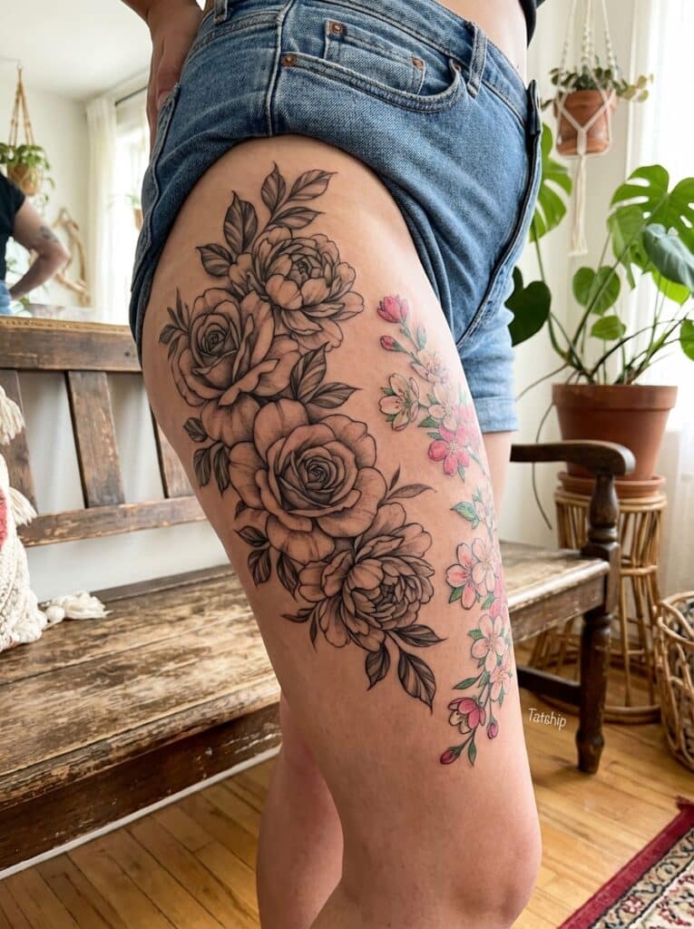 ai-photo-studio-1765998533310-2 Thigh tattoo of roses and colorful flowers, detailed black and gray petals, worn by a person in denim shorts, indoor plant background. | Sky Rye Design Thigh tattoo of roses and colorful flowers, detailed black and gray petals, worn by a person in denim shorts, indoor plant background.