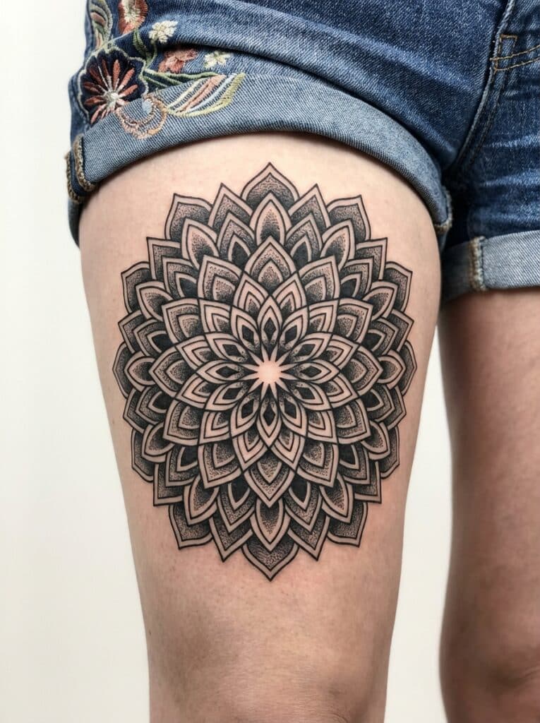 ai-photo-studio-1765998573910-1 Intricate mandala tattoo on thigh with floral denim shorts, showcasing detailed line and dotwork art. | Sky Rye Design Intricate mandala tattoo on thigh with floral denim shorts, showcasing detailed line and dotwork art.