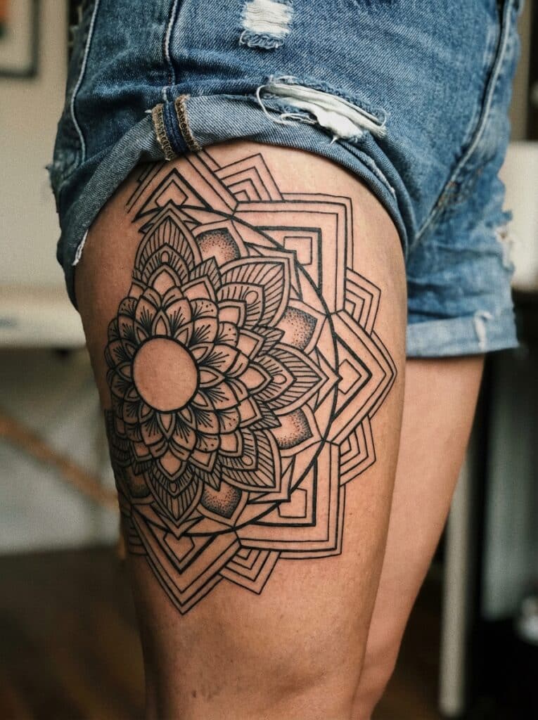 ai-photo-studio-1765998576026-2 Intricate mandala tattoo on thigh, featuring geometric patterns and floral elements, paired with ripped denim shorts. | Sky Rye Design Intricate mandala tattoo on thigh, featuring geometric patterns and floral elements, paired with ripped denim shorts.