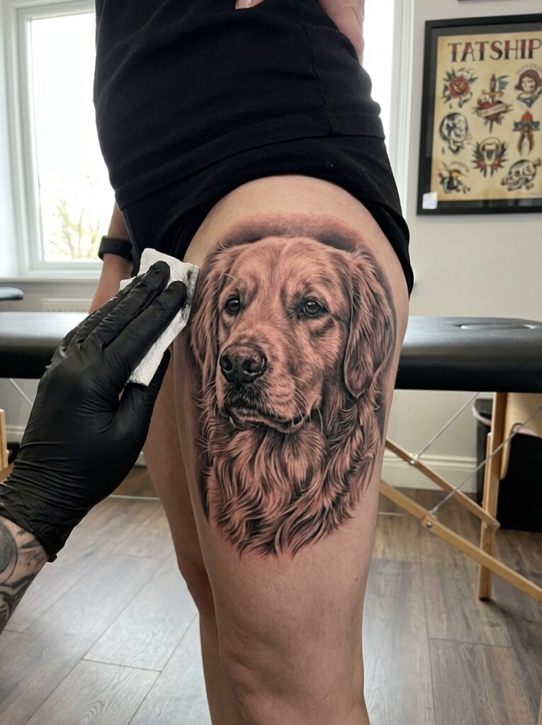 ai-photo-studio-1765998714407-2 Realistic dog tattoo on thigh being cleaned, showcasing detailed artwork on light skin in a tattoo studio setting. | Sky Rye Design Realistic dog tattoo on thigh being cleaned, showcasing detailed artwork on light skin in a tattoo studio setting.