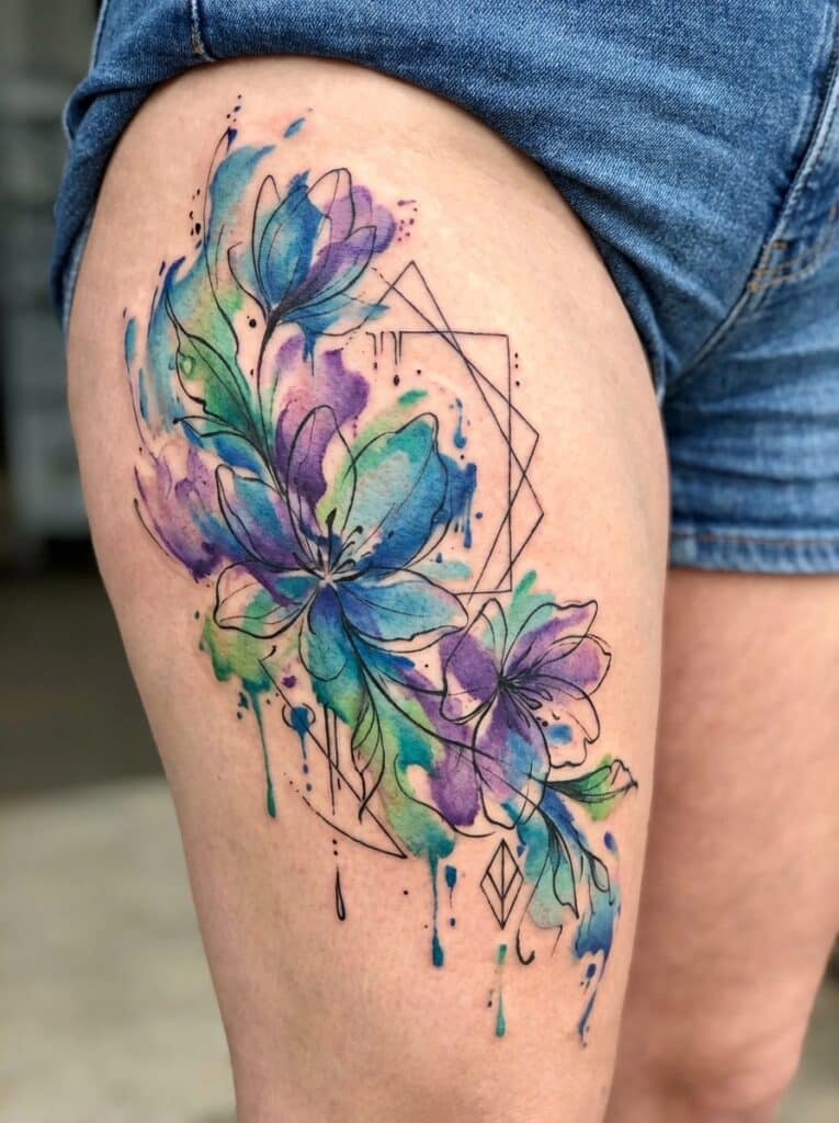 ai-photo-studio-1765998761140-1 Colorful watercolor style floral tattoo on thigh, featuring abstract blue, purple, and green flowers with geometric accents. | Sky Rye Design Colorful watercolor style floral tattoo on thigh, featuring abstract blue, purple, and green flowers with geometric accents.