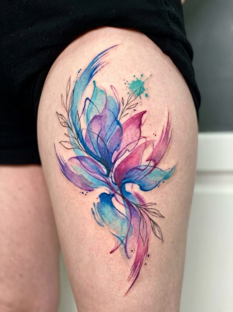 ai-photo-studio-1765998763339-2 Colorful watercolor tattoo of abstract petals and leaves on thigh, blending shades of blue, purple, and pink for a vibrant design. | Sky Rye Design Colorful watercolor tattoo of abstract petals and leaves on thigh, blending shades of blue, purple, and pink for a vibrant design.