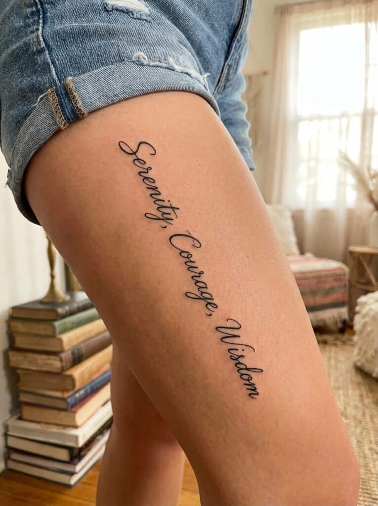 ai-photo-studio-1765998811620-2 Close-up of a leg tattoo featuring the words Serenity, Courage, Wisdom in elegant script, with a stack of books in the background. | Sky Rye Design Close-up of a leg tattoo featuring the words Serenity, Courage, Wisdom in elegant script, with a stack of books in the background.