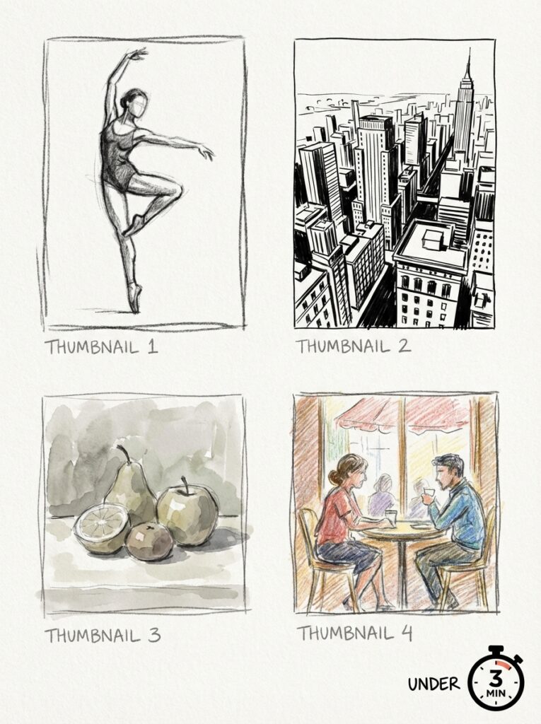 ai-photo-studio-1766331358799-1 Sketches of a ballerina, a cityscape, fruits, and a café scene, each labeled with thumbnails. Timer reads under 3 min. | Sky Rye Design Sketches of a ballerina, a cityscape, fruits, and a café scene, each labeled with thumbnails. Timer reads under 3 min.