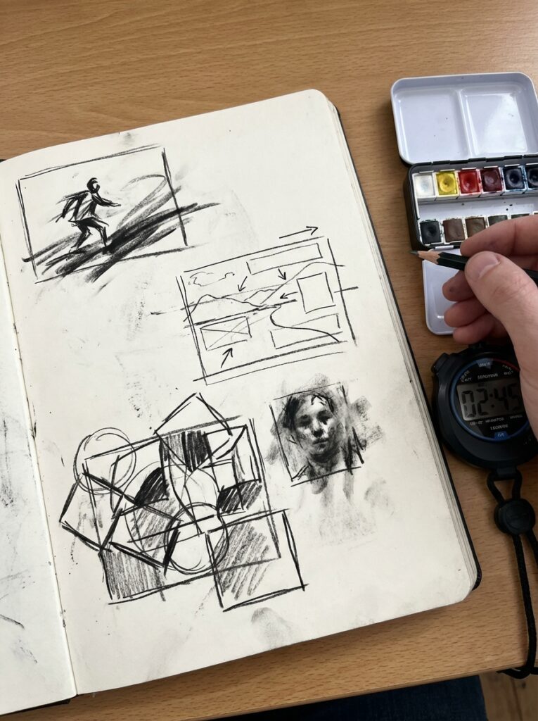 ai-photo-studio-1766331363792-2 Open sketchbook with charcoal drawings, hand holding pencil, watercolor set, and stopwatch on wooden desk. | Sky Rye Design Open sketchbook with charcoal drawings, hand holding pencil, watercolor set, and stopwatch on wooden desk.