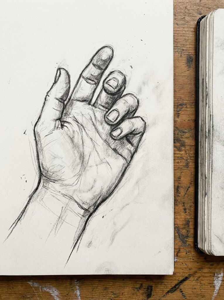 ai-photo-studio-1766331539551-2 Sketch of a hand on a textured sketchbook page, with an art book open beside it on a wooden table. | Sky Rye Design beginner drawing exercises