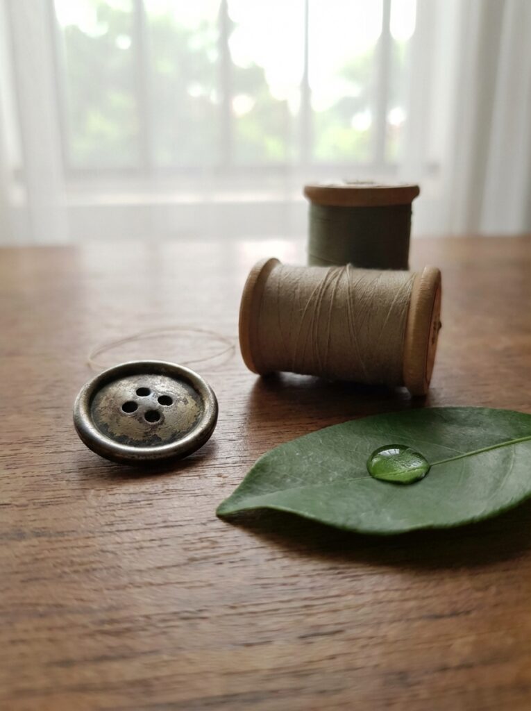 ai-photo-studio-1766360578554-2 Spools of thread, a vintage button, and a green leaf with water droplet on wooden table near window. Cozy and rustic sewing scene. | Sky Rye Design Spools of thread, a vintage button, and a green leaf with water droplet on wooden table near window. Cozy and rustic sewing scene.