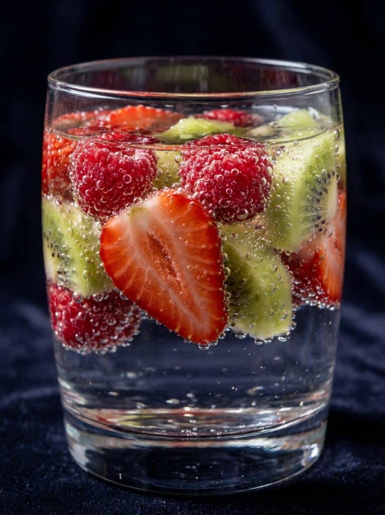 ai-photo-studio-1766360867701-2 Glass of refreshing sparkling water with fresh strawberries, raspberries, and kiwi slices, creating a vibrant and healthy fruit beverage. | Sky Rye Design Glass of refreshing sparkling water with fresh strawberries, raspberries, and kiwi slices, creating a vibrant and healthy fruit beverage.