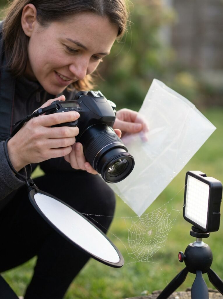 ai-photo-studio-1766362406582-1 Photographer takes macro shot of dewy spiderweb using camera, diffuser, and lighting. Perfect for nature photography enthusiasts. | Sky Rye Design Photographer takes macro shot of dewy spiderweb using camera, diffuser, and lighting. Perfect for nature photography enthusiasts.
