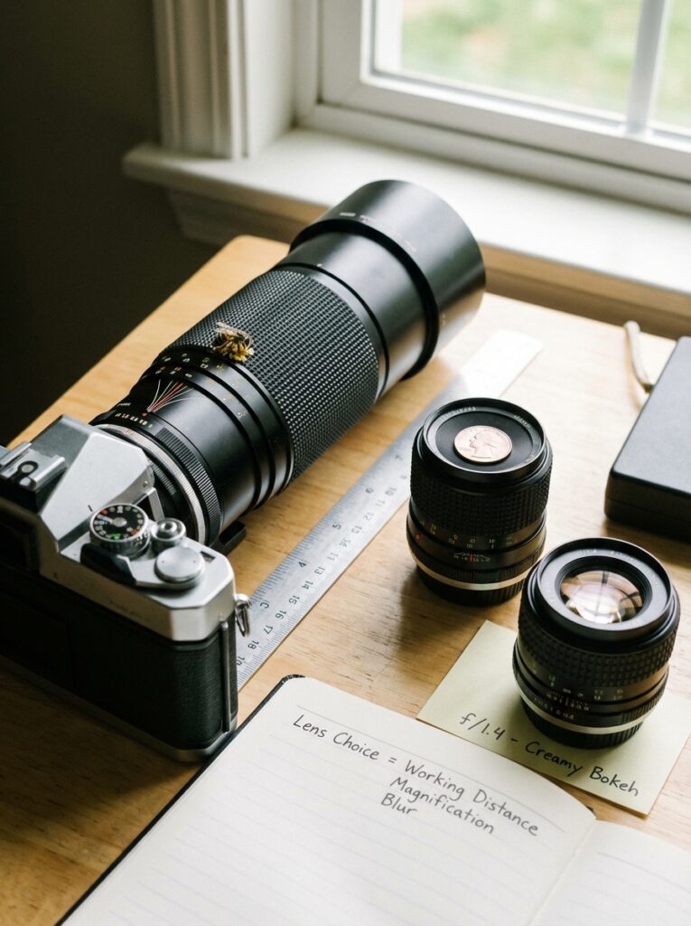 ai-photo-studio-1766413263268-1 Vintage camera setup with lenses, a bee on the telephoto, and notes on bokeh effects, placed on a wooden table near a window. | Sky Rye Design Vintage camera setup with lenses, a bee on the telephoto, and notes on bokeh effects, placed on a wooden table near a window.