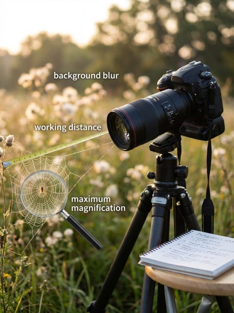 ai-photo-studio-1766413265197-2 Camera setup for macro photography showing lens focus, working distance, and magnification on spider web. Notebook on tripod side. | Sky Rye Design Camera setup for macro photography showing lens focus, working distance, and magnification on spider web. Notebook on tripod side.