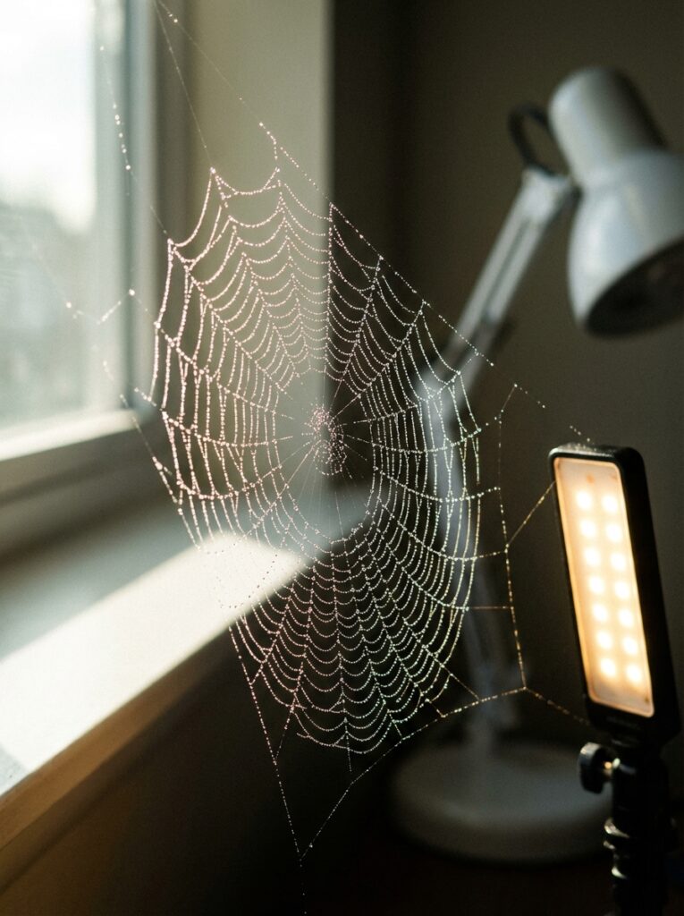 ai-photo-studio-1766413308648-1 Close-up of a spiderweb with dewdrops glistening in sunlight near a lamp by a window, showcasing intricate natural patterns indoors. | Sky Rye Design Close-up of a spiderweb with dewdrops glistening in sunlight near a lamp by a window, showcasing intricate natural patterns indoors.