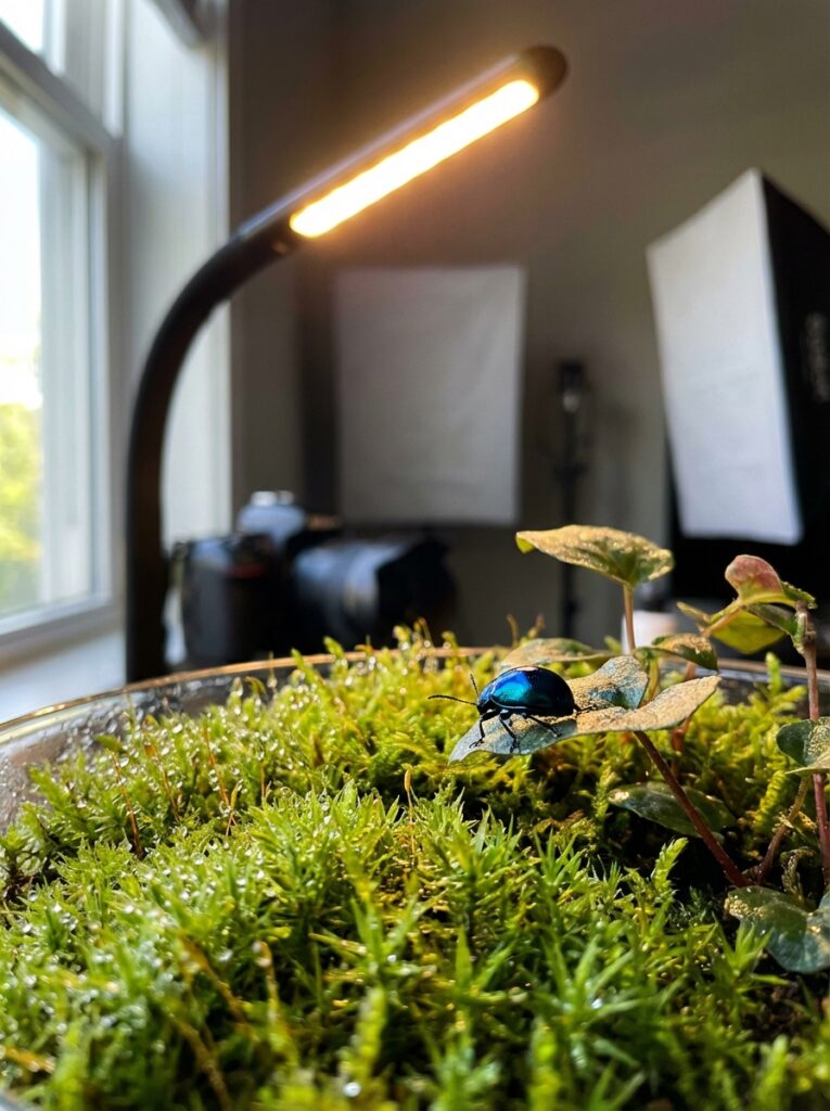 ai-photo-studio-1766413310745-2 Shiny blue beetle on green moss under modern desk lamp, creating a cozy indoor nature scene in soft lighting. | Sky Rye Design Shiny blue beetle on green moss under modern desk lamp, creating a cozy indoor nature scene in soft lighting.