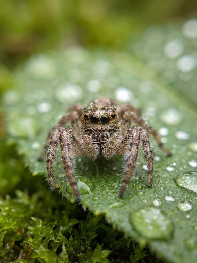 ai-photo-studio-1766413354763-1 Jumping spider on a dew-covered leaf, captured in macro for stunning detail and texture in a natural green setting. | Sky Rye Design Jumping spider on a dew-covered leaf, captured in macro for stunning detail and texture in a natural green setting.