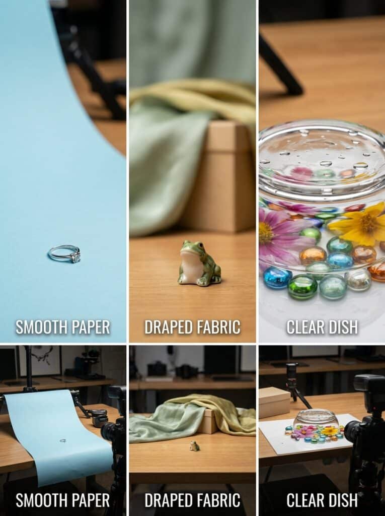 ai-photo-studio-1766413477010-2 Smooth paper, draped fabric, and clear dish used for creative photography backdrops with ring, frog, and colorful stones and flowers. | Sky Rye Design Smooth paper, draped fabric, and clear dish used for creative photography backdrops with ring, frog, and colorful stones and flowers.