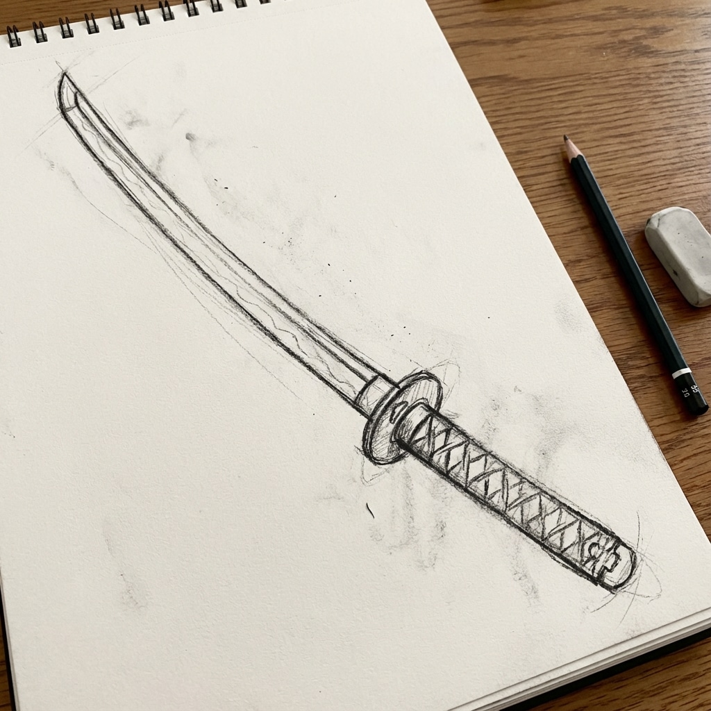ai-photo-studio-1766432258101-1 Drawing of a katana sword in pencil on a sketchpad, accompanied by an eraser and pencil on a wooden desk. | Sky Rye Design Drawing of a katana sword in pencil on a sketchpad, accompanied by an eraser and pencil on a wooden desk.