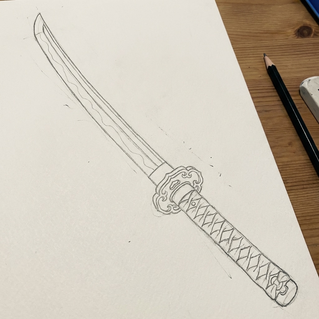 ai-photo-studio-1766432261268-2 Pencil drawing of a Japanese katana sword on white paper, alongside a pencil and eraser on a wooden table. | Sky Rye Design Pencil drawing of a Japanese katana sword on white paper, alongside a pencil and eraser on a wooden table.