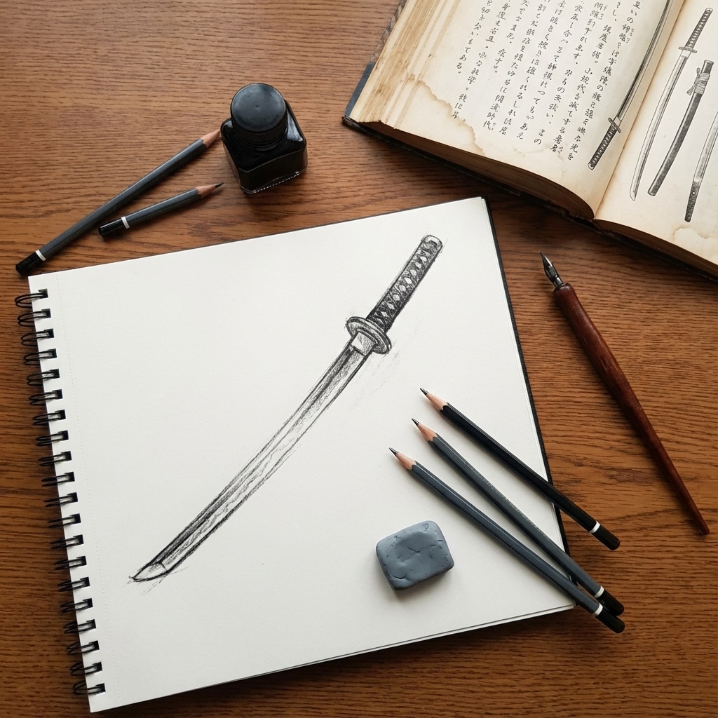 ai-photo-studio-1766433228932-1 Pencil sketch of a katana on sketchpad, surrounded by drawing tools and an open book with diagrams on a wooden table. | Sky Rye Design Pencil sketch of a katana on sketchpad, surrounded by drawing tools and an open book with diagrams on a wooden table.