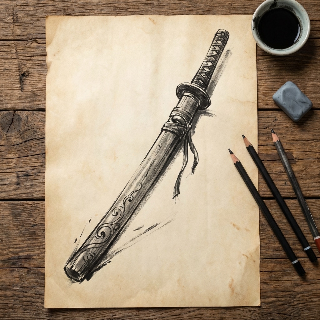 ai-photo-studio-1766433231955-2 Sketch of a katana sword with detailed handle design, placed on aged paper with pencils, eraser, and ink pot on a wooden surface. | Sky Rye Design Sketch of a katana sword with detailed handle design, placed on aged paper with pencils, eraser, and ink pot on a wooden surface.