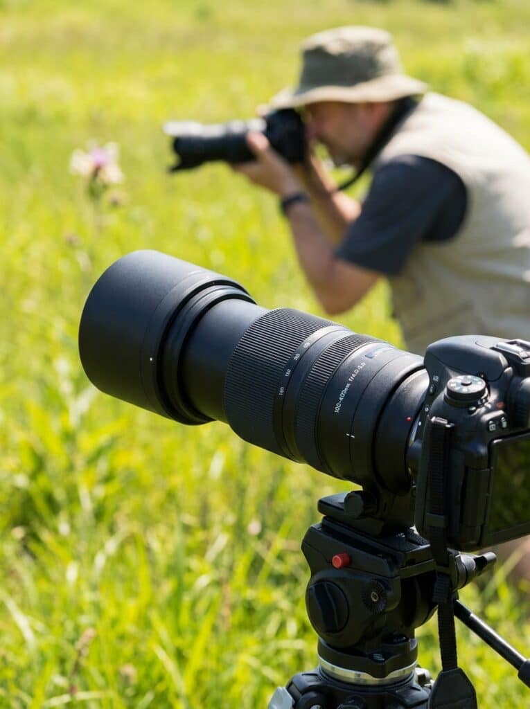 ai-photo-studio-1766436525590-1 Close-up of a camera with a long lens on a tripod, focused on a photographer capturing a flower in a sunny field. | Sky Rye Design Close-up of a camera with a long lens on a tripod, focused on a photographer capturing a flower in a sunny field.