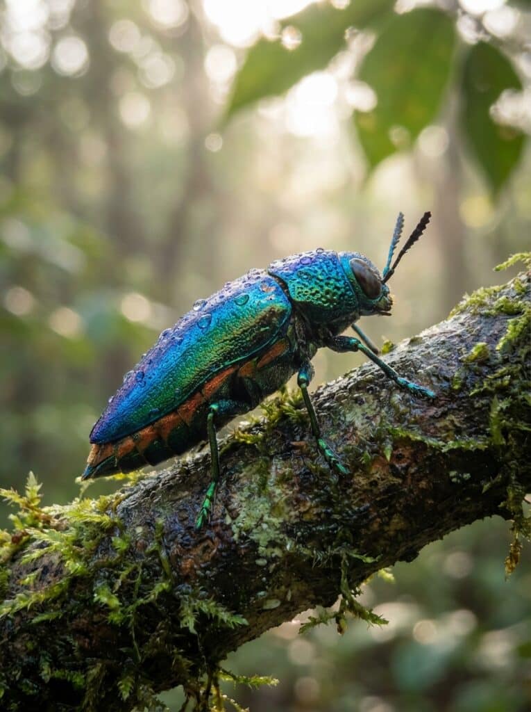 ai-photo-studio-1766436669379-1 Vibrant jewel beetle on mossy branch in lush forest, glistening with dew; nature and biodiversity capture in the wild. | Sky Rye Design Vibrant jewel beetle on mossy branch in lush forest, glistening with dew; nature and biodiversity capture in the wild.
