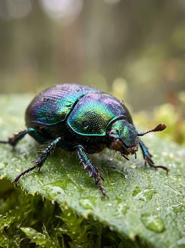 ai-photo-studio-1766436670828-2 Close-up of a shiny, iridescent beetle on a wet green leaf, showcasing vibrant blues and greens in a natural garden setting. | Sky Rye Design Close-up of a shiny, iridescent beetle on a wet green leaf, showcasing vibrant blues and greens in a natural garden setting.