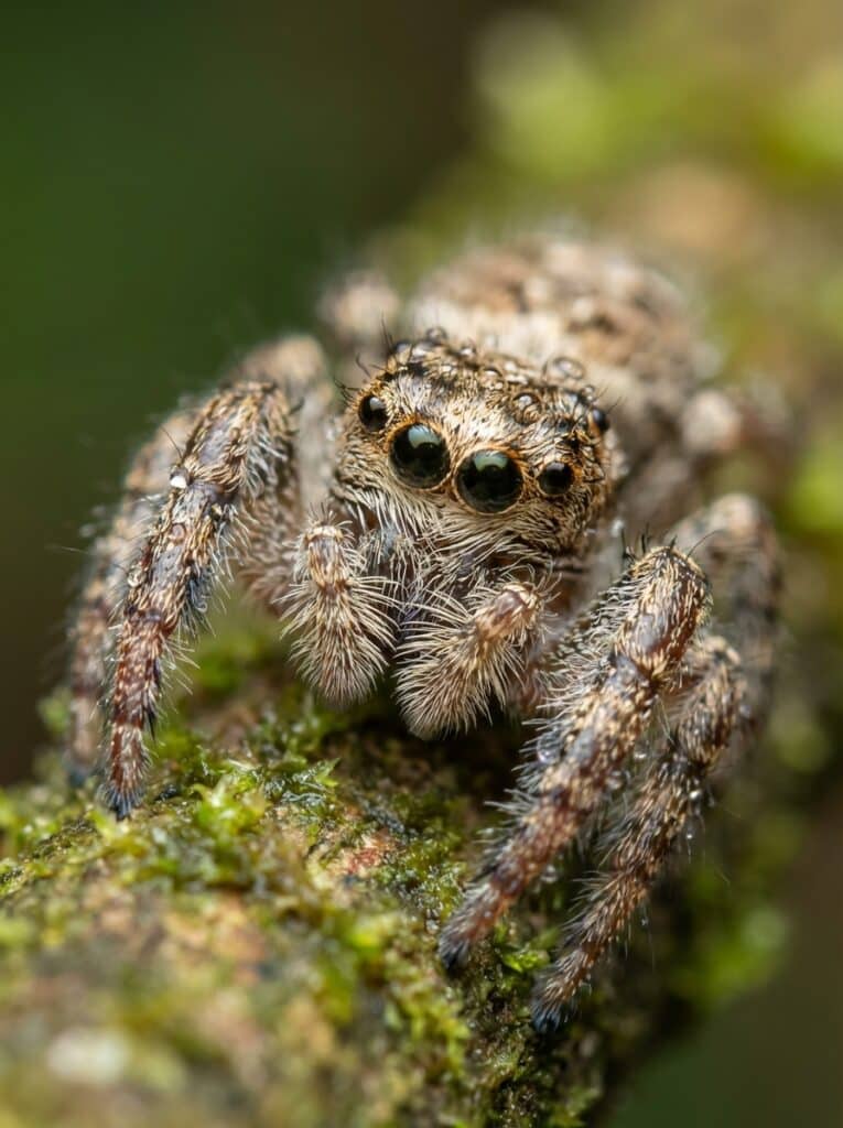 ai-photo-studio-1766436789435-1 Close-up of a jumping spider on a mossy branch, showcasing its intricate details and multiple eyes in a natural setting. | Sky Rye Design Close-up of a jumping spider on a mossy branch, showcasing its intricate details and multiple eyes in a natural setting.