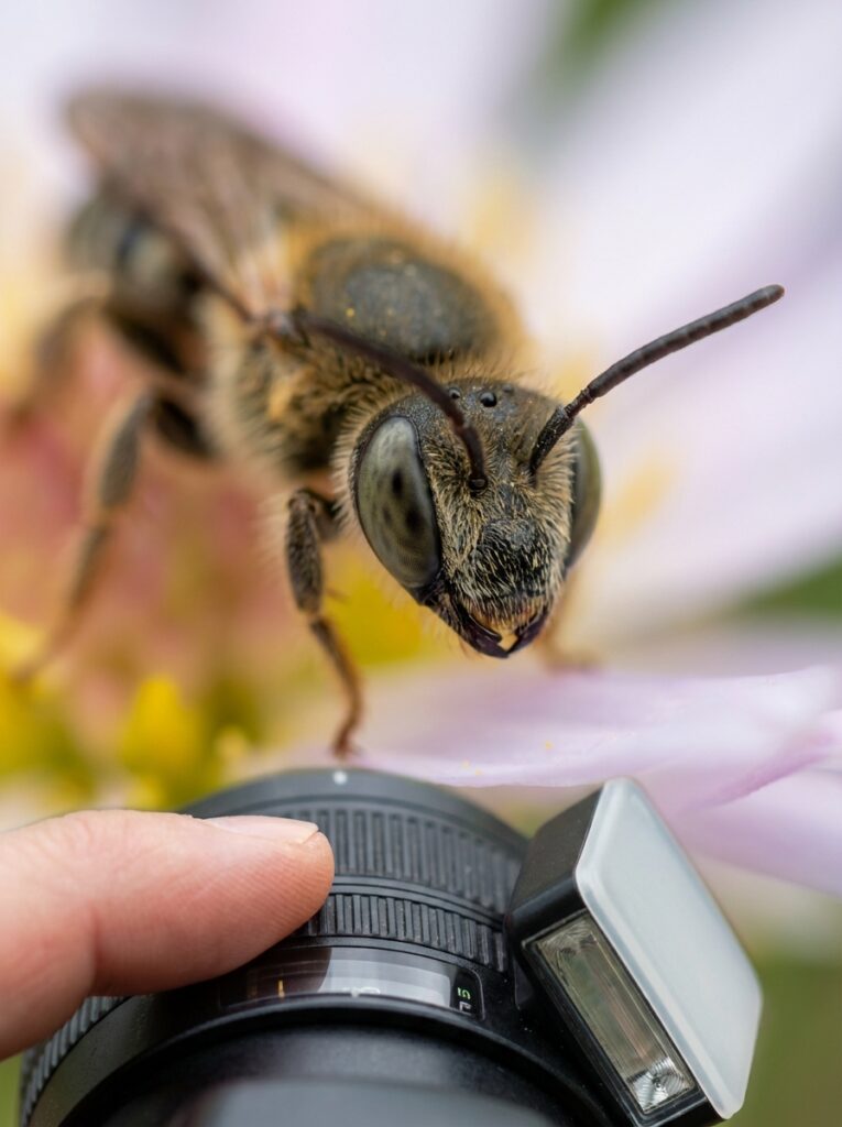 ai-photo-studio-1766436791473-2 Close-up of a bee on a camera lens, highlighting macro photography with vibrant flower background. | Sky Rye Design Close-up of a bee on a camera lens, highlighting macro photography with vibrant flower background.