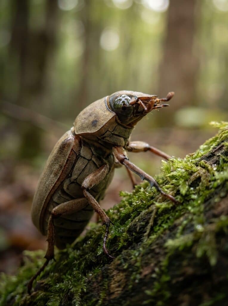ai-photo-studio-1766436844606-1 Close-up of a brown beetle crawling on mossy bark in a forest setting, showcasing its detailed texture and natural habitat. | Sky Rye Design Close-up of a brown beetle crawling on mossy bark in a forest setting, showcasing its detailed texture and natural habitat.