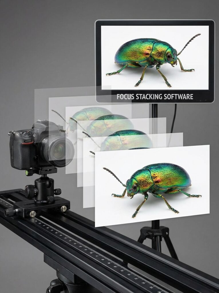 ai-photo-studio-1766437244902-2 Camera using focus stacking software to capture a detailed close-up of an iridescent beetle for macro photography. | Sky Rye Design Camera using focus stacking software to capture a detailed close-up of an iridescent beetle for macro photography.