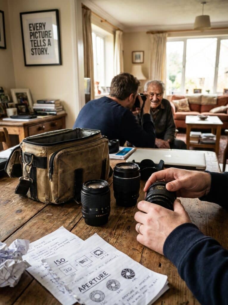 ai-photo-studio-1766437304448-1 Photographer prepares camera lenses while shooting a portrait in a cozy living room. Photography gear and notes on table. | Sky Rye Design Photographer prepares camera lenses while shooting a portrait in a cozy living room. Photography gear and notes on table.