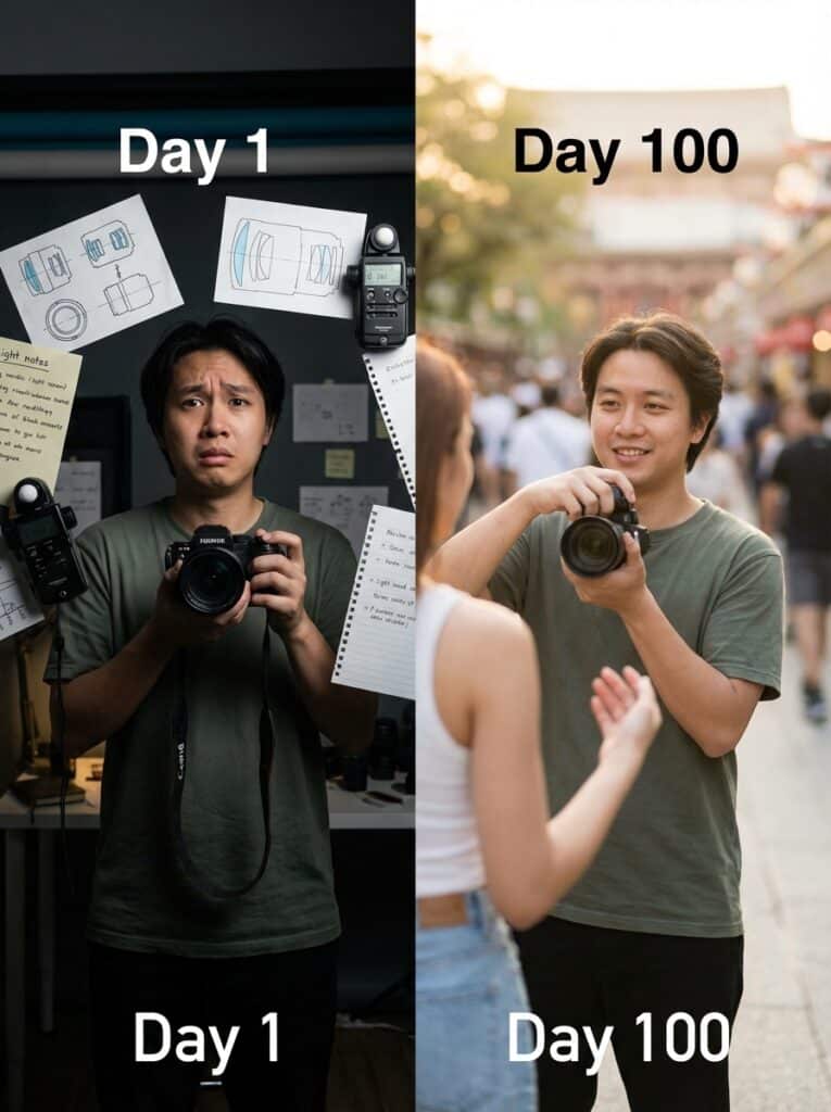 ai-photo-studio-1766437307263-2 Photographer's journey: Day 1, learning indoors with notes; Day 100, confidently shooting outdoors with a smile. | Sky Rye Design Photographer's journey: Day 1, learning indoors with notes; Day 100, confidently shooting outdoors with a smile.