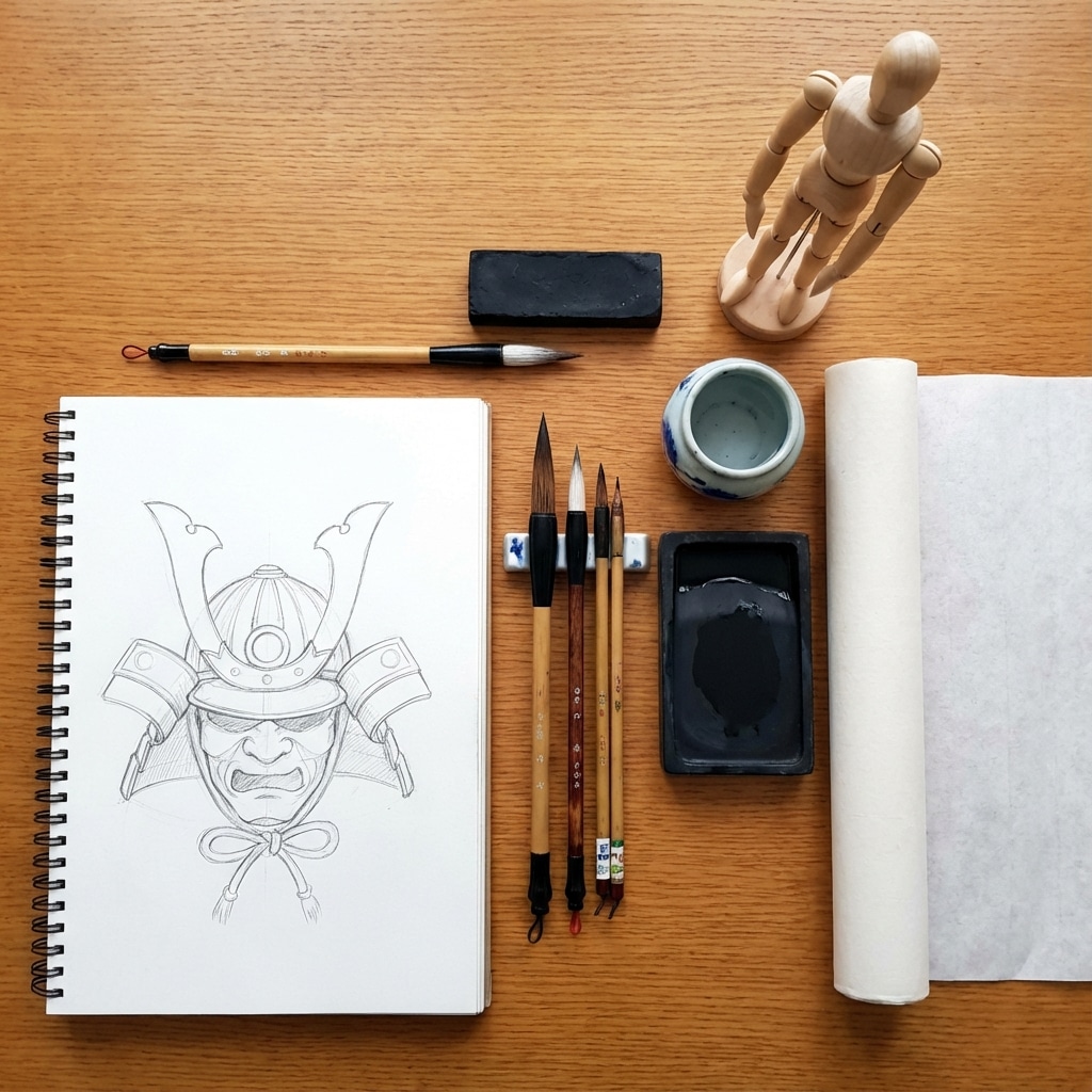 ai-photo-studio-1766476660442-1 Samurai helmet sketch with brushes, ink, and drawing tools on a wooden table for creative art and illustration. | Sky Rye Design Samurai helmet sketch with brushes, ink, and drawing tools on a wooden table for creative art and illustration.
