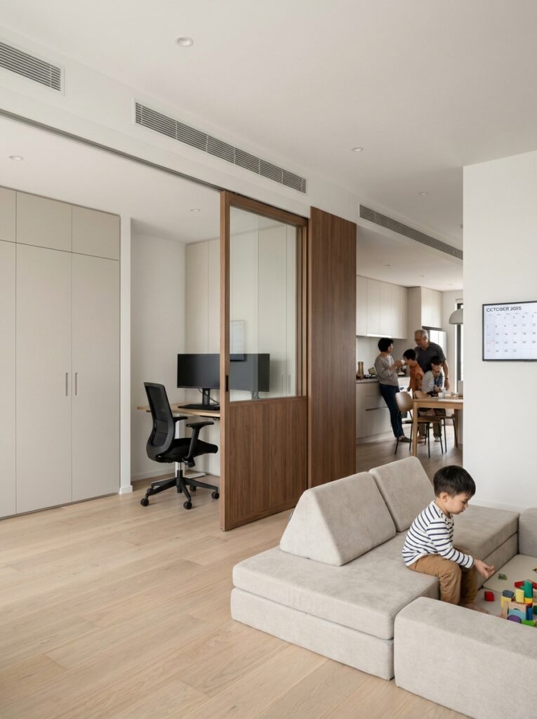 ai-photo-studio-1766491183108-1 Modern family living space with home office, play area, and kitchen. Child plays with blocks, parents converse. Cozy and functional design. | Sky Rye Design Modern family living space with home office, play area, and kitchen. Child plays with blocks, parents converse. Cozy and functional design.