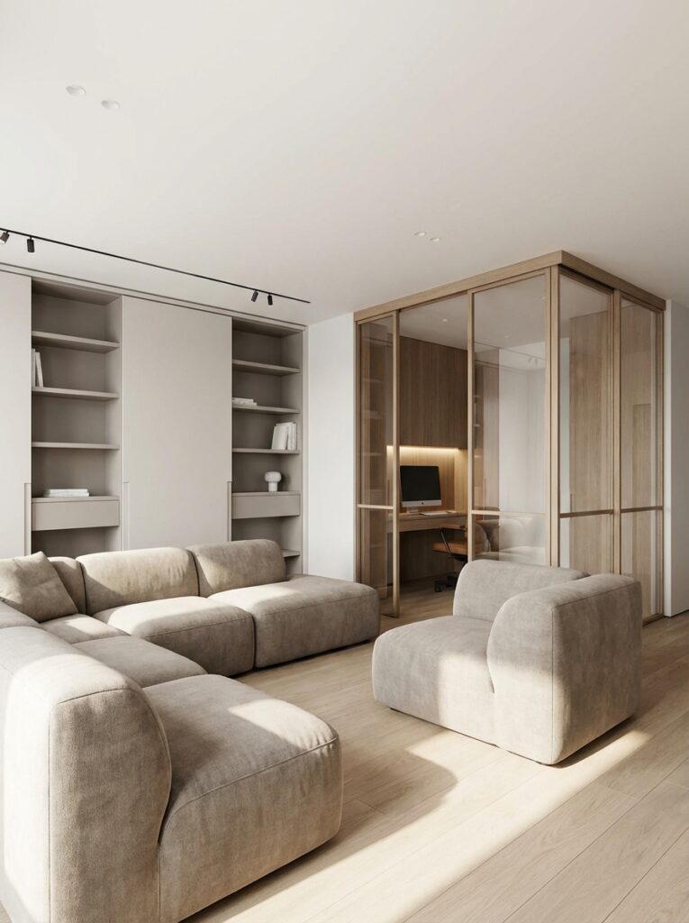 ai-photo-studio-1766491185804-2 Minimalist modern living room with beige sofas, built-in shelves, and a glass-enclosed office space featuring a computer setup. | Sky Rye Design Minimalist modern living room with beige sofas, built-in shelves, and a glass-enclosed office space featuring a computer setup.