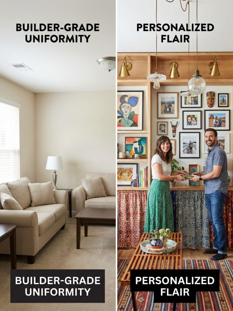 ai-photo-studio-1766491316561-1 Comparison of a plain living room with one showcasing personalized decor, colorful artwork, and smiling couple adding charm. | Sky Rye Design Comparison of a plain living room with one showcasing personalized decor, colorful artwork, and smiling couple adding charm.