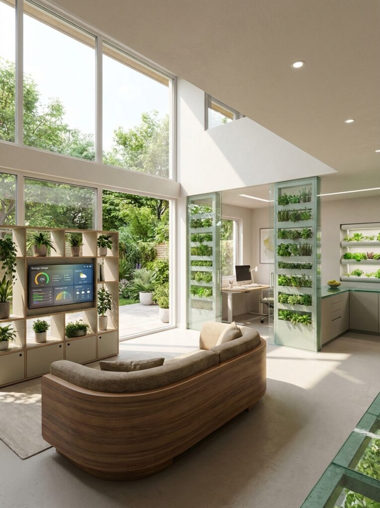 ai-photo-studio-1766491410538-2 Bright modern living room with large windows, stylish sofa, indoor plants, smart TV, and a home office with vertical garden partitions. | Sky Rye Design Bright modern living room with large windows, stylish sofa, indoor plants, smart TV, and a home office with vertical garden partitions.