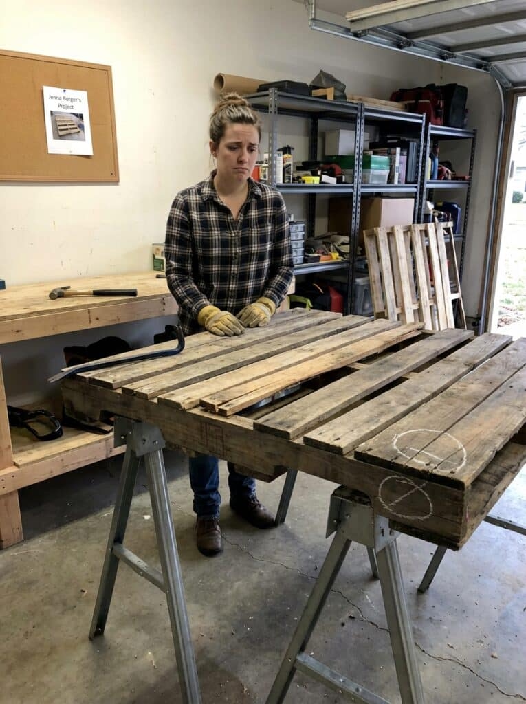 ai-photo-studio-1766515477835-1 Person in workshop looking at wooden pallet on sawhorses, wearing gloves and plaid shirt. Shelving with tools in the background. | Sky Rye Design Person in workshop looking at wooden pallet on sawhorses, wearing gloves and plaid shirt. Shelving with tools in the background.