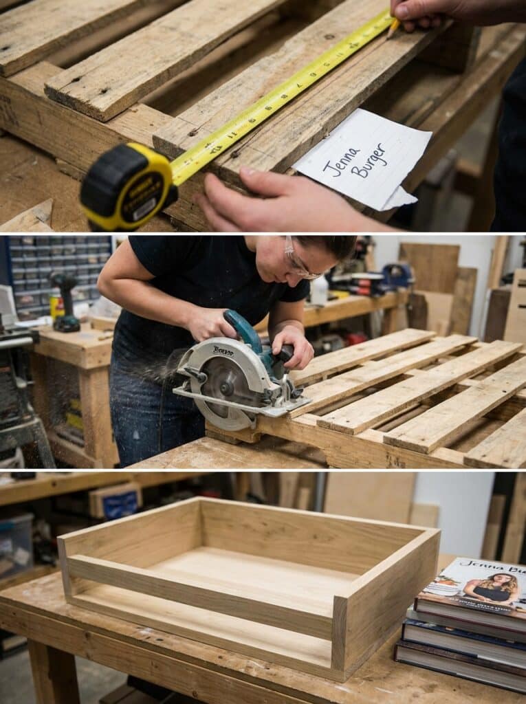 ai-photo-studio-1766515545037-1 Person measuring and cutting wood pallets in workshop, creating a wooden box. DIY woodworking project in progress with tools in use. | Sky Rye Design Person measuring and cutting wood pallets in workshop, creating a wooden box. DIY woodworking project in progress with tools in use.