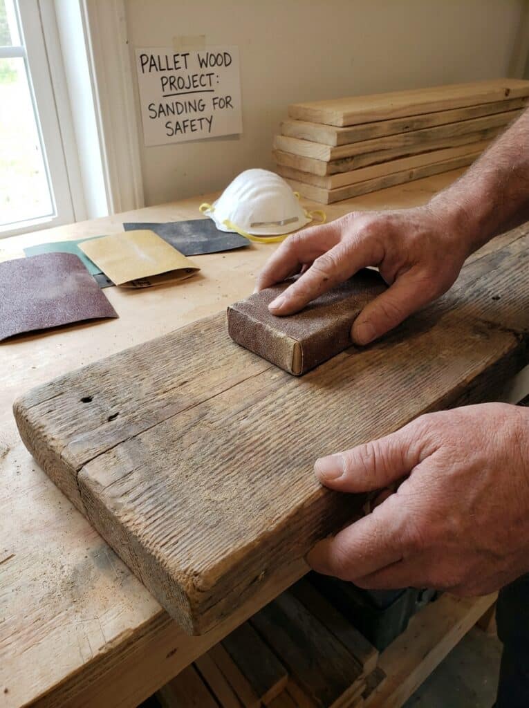 ai-photo-studio-1766515864017-1 Hands sanding pallet wood with a block, safety gear nearby. Woodworking project in progress on a workbench near a window. | Sky Rye Design Hands sanding pallet wood with a block, safety gear nearby. Woodworking project in progress on a workbench near a window.