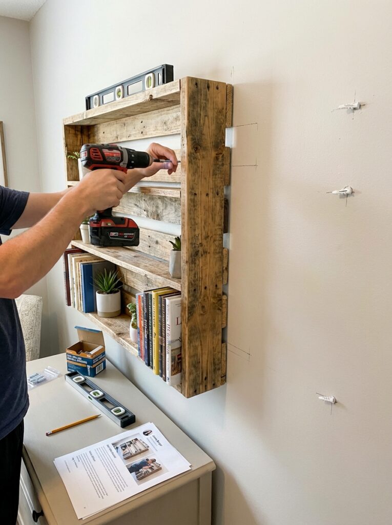 ai-photo-studio-1766516013383-1 Person using drill to secure a wooden bookshelf filled with books and plants on a white wall. | Sky Rye Design Person using drill to secure a wooden bookshelf filled with books and plants on a white wall.