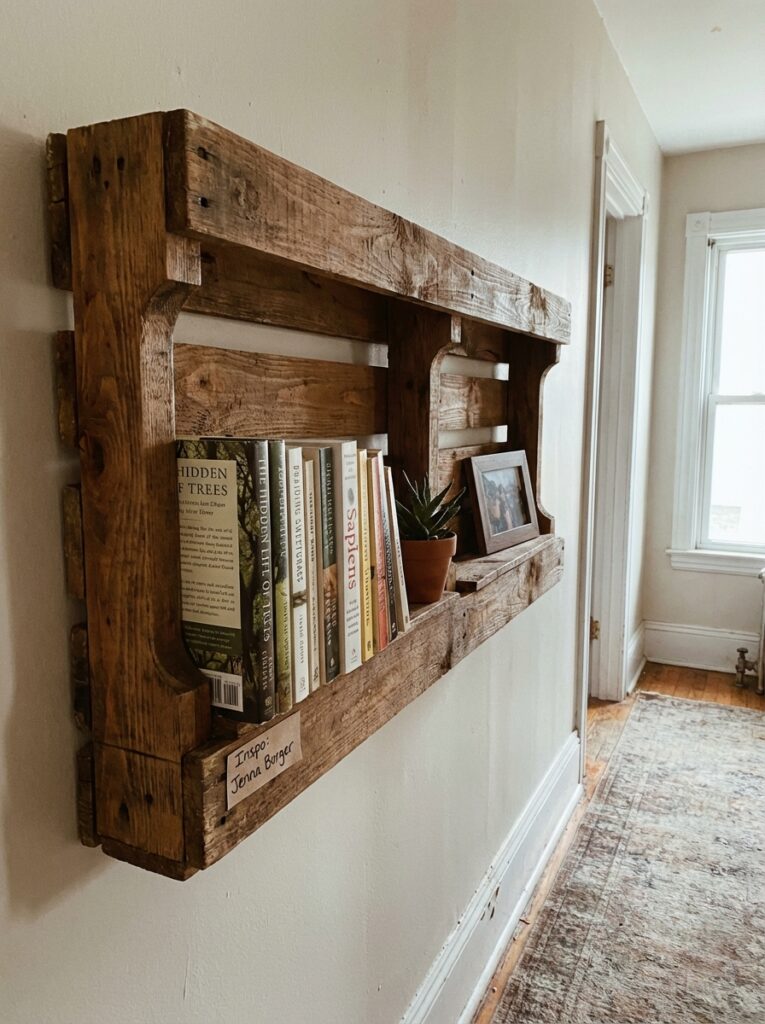 ai-photo-studio-1766516208734-1 Rustic wooden pallet bookshelf with books, plant, and framed photo in a cozy, light-filled hallway. | Sky Rye Design Rustic wooden pallet bookshelf with books, plant, and framed photo in a cozy, light-filled hallway.