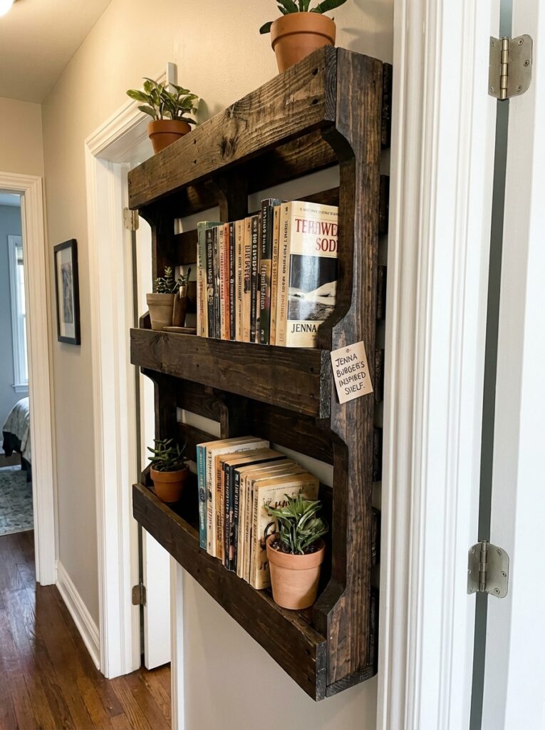 ai-photo-studio-1766516210449-2 Wooden wall-mounted shelf with books and decorative plants in clay pots, enhancing a cozy home hallway with rustic charm. | Sky Rye Design Wooden wall-mounted shelf with books and decorative plants in clay pots, enhancing a cozy home hallway with rustic charm.