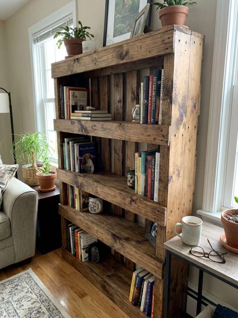 ai-photo-studio-1766516274766-1 Rustic wooden bookshelf filled with books and plants, next to a cozy living room window with a cup of coffee and glasses on a table. | Sky Rye Design Rustic wooden bookshelf filled with books and plants, next to a cozy living room window with a cup of coffee and glasses on a table.