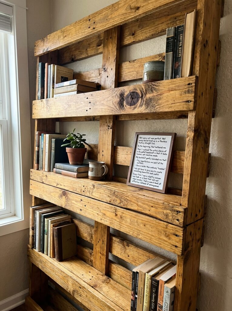 ai-photo-studio-1766516276914-2 Wooden pallet bookshelf with books, potted plant, and a mug by a window. Rustic and cozy home decor with natural light. | Sky Rye Design Wooden pallet bookshelf with books, potted plant, and a mug by a window. Rustic and cozy home decor with natural light.