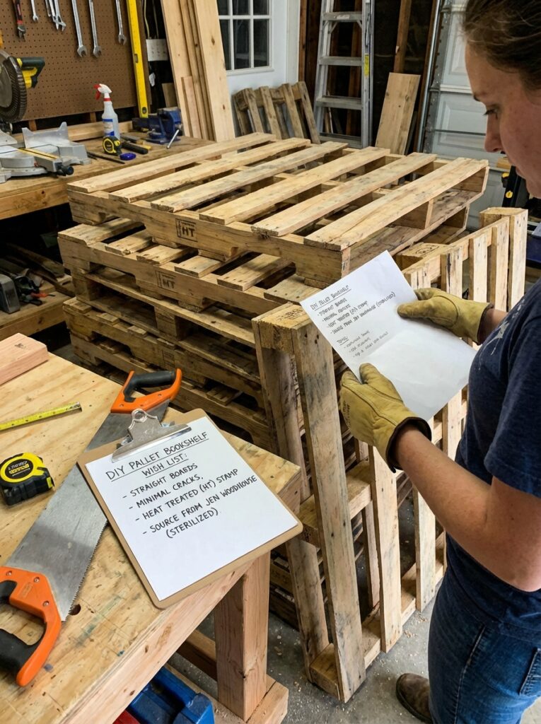 ai-photo-studio-1766516375967-1 Person in a workshop reading DIY pallet bookshelf instructions, with tools and stacked wooden pallets in the background. | Sky Rye Design Person in a workshop reading DIY pallet bookshelf instructions, with tools and stacked wooden pallets in the background.
