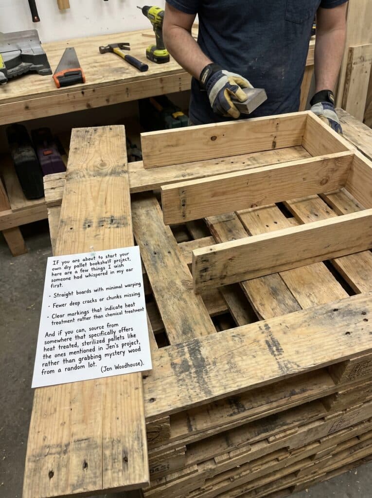 ai-photo-studio-1766516377967-2 Man building DIY pallet bookshelf in workshop, holding sanding block; tips for selecting pallet wood visible. | Sky Rye Design Man building DIY pallet bookshelf in workshop, holding sanding block; tips for selecting pallet wood visible.